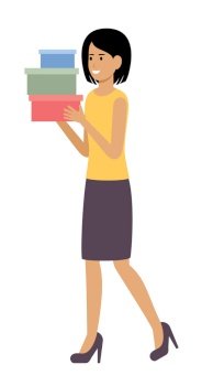 Woman with shopping boxes. Shopaholic. Vector flat illustration.