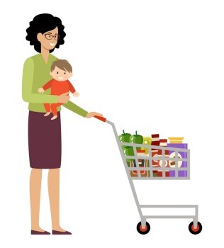 Woman shopper with shopping basket and baby. Vector flat illustration
