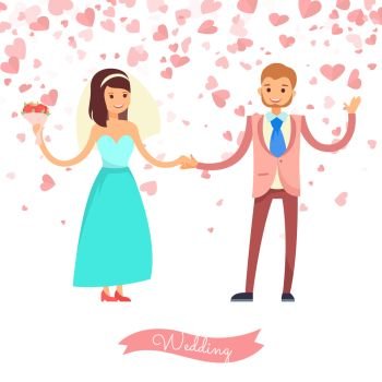 Bride with flowers holding groom, wedding festive vector. Marriage of woman in blue dress and veil, man in suit waving hand. Postcard decorated by hearts. Smiling Bride Holding Groom, Wedding Card Vector