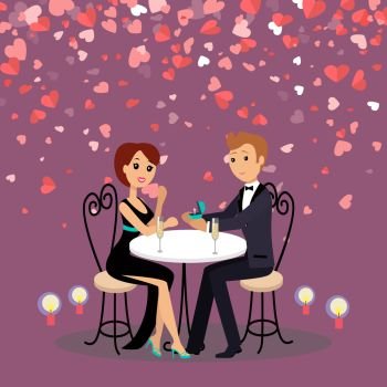 Man proposal marriage with ring to woman. Couple in evening clothes sitting at table with champagne. Card decorated red hearts, romantic day vector. Man Proposal Marriage with Ring to Woman Vector
