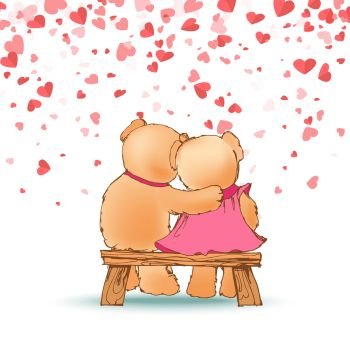 Hugging teddy bears sitting on wooden bench on background of red hearts. Happy toy animals couple back view, romantic cartoon Valentines day card. Hugging Teddy Bears Sitting on Wooden Bench Vector