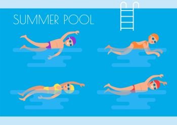 Summer pool professional swimmers wearing goggles special glasses and mask. Swimming suit people in basin training together poster, summertime activities. Summer Pool Swimmers Poster Vector Illustration