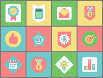 Work and business icons vector. Stamp and calculator, message and medal, thumb up and dollar sign, cogwheel and target, calendar and light bulb, pedestal. Business Symbols, Web Icons, Office and Finance