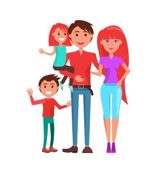 Family mother, father and two kids isolated on white. Vector parents, boy and girl, redhead mom and daughter, brunette son and dad, couple with infants. Family Mother, Father and Two Kids Isolated Vector