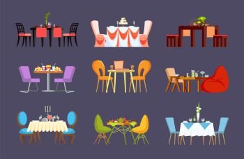 Restaurant tables with dinner or wedding settings vector. Tablecloth and chairs, cake and fast food, pizza and sushi, lemonade and tea, cafe furniture. Dinner or Wedding Settings on Restaurant Tables