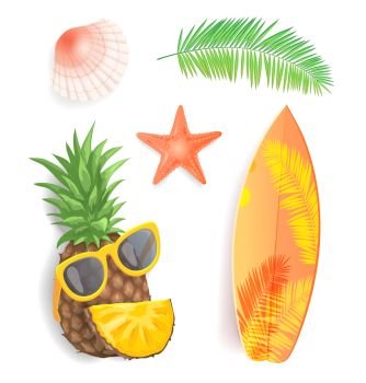 Summer time isolated icons set closeup vector. Seashell and starfish, surfing board with leaves print. Pineapple fruit with sunglasses, exotic foliage. Summer Time Icons Set Closeup Vector Illustration