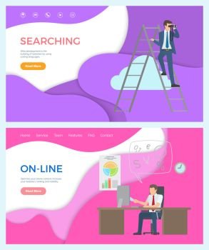 Online business person working in office searching ideas vector. Infographics and schemes charts information, laptop for working in common network. Website or webpage template landing page in flat. Online Business Person Working Searching Ideas