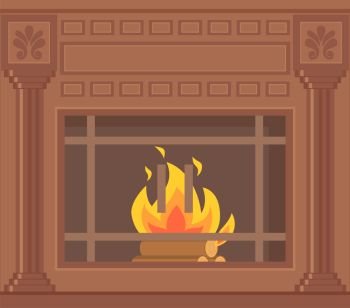Luxury brown fireplace with pilasters, ornaments and lattice vector closeup. Vintage heater with burning fire and column patterns, brown home mantelpiece. Luxury Brown Fireplace with Decorative Ornaments
