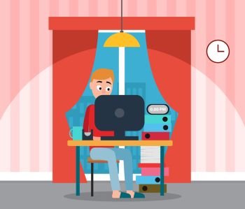 Programmer at home working on computer vector. Home interior with curtains and window view on city, lamp and clock. Business promotion, male student. Freelancer Man, Coder Working on Computer at Home