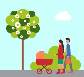 Man and woman walking with pram, young parents. Flat view of green park, tree and bush, cloudy sky. Mother and father going outdoor with buggy vector. Man and Woman Walking with Pram, Parents Vector