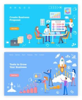 Proposal and tools to grow business online webpage vector. Graphics, rocket start and money, economic development website template, landing page flat style. Landing page in flat. Proposal and Tools to Grow Business Online Page