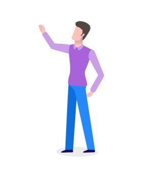 Businessman in shirt and vest, office worker pointing up with hand vector. Entrepreneur in formal clothes, isolated male character showing presentation. Office Worker Pointing Up with Hand, Businessman