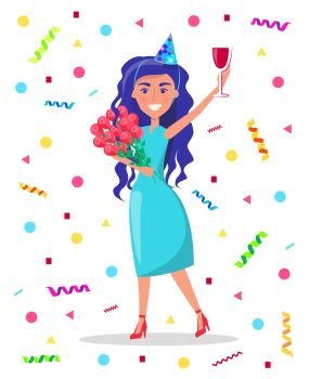Woman celebrating birthday at party vector. Person with alcoholic drink in hands, flying confetti and funny mood. Celebration of anniversary partying. Birthday Girl Holding Bouquet of Roses and Glass