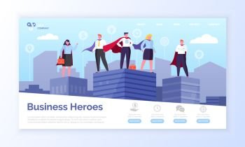 Entrepreneurs in superman coats, business heroes webpage vector. Men and women in superhero outfits on top of skyscrapers landing page or site flat style. Business Heroes Web Page, Entrepreneurs in Coats