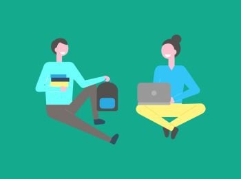 Male and female students sitting isolated on green background. Man teenager with pile of books, and girl working on laptop, vector cartoon people in flat style. Male and Female Students Sitting Isolated on Green