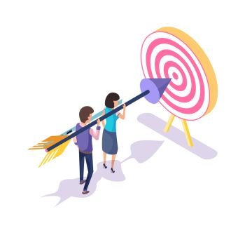 People working in team, achieving target and success vector. Teamwork, man and woman working on successful completion of task, holding arrow, aim on board. Target and Workers Aiming in Bullseye 3D Isometric