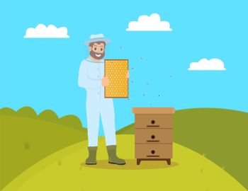 Beekeeper beekeeping man wearing gloves and mask. Farmer male holding honeycomb and tending bees. Rural worker, apiculturist on fields hill vector. Beekeeper Beekeeping Male Vector Illustration
