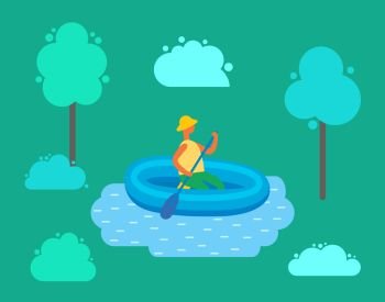 Man in hat swimming on inflatable rubber boat in pond at green forest with trees and bushes. Cartoon style person on craft with oar, male on water. Man in Hat Swimming on Inflatable Rubber Boat