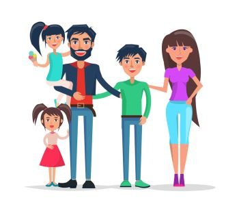 Father and mother with kids vector, happy family holiday. People with children, parents and son, daughter on daddys hands. Woman and man couple in love. Father and Mother with Kids, Happy Family Holiday