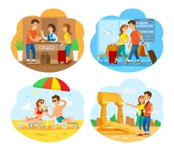 Ruins of old city vector, people traveling together, couple by seaside. Coast with sand and seawater, airport arrivals rush, sightseeing of tourists. People on Vacation, Airport Seaside and Old Town
