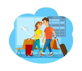 Departure, city airport, travelers couple with suitcases vector. Leaving airplane, man and woman with baggage in waiting room, travelling and journey. Travelers Couple with Suitcases in City Airport