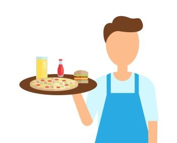 Servant with pizza and snacks vector. Man professional wearing apron holding Italian food and burger with sauce, juice in glass. Serving of restaurant. Waiter of Cafe Carrying Order, Servant with Food