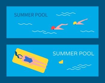 Summer pool posters set with text and people in water. Woman on yellow mattress, relaxing. Chicken toy in basin professional swimming swimmers vector. Summertime Pool Posters Set Vector Illustration