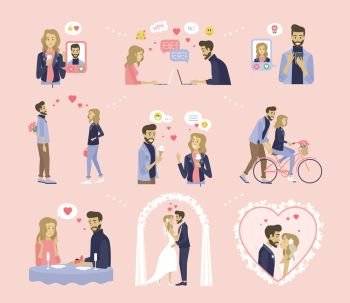 Couple relationship, dating and wedding vector. Online messaging, bouquet and ice cream, bicycle riding and proposal in restaurant, marriage ceremony. Love, Dating and Wedding, Couple Relationship