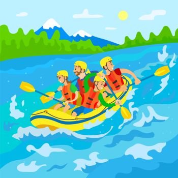 Wild nature, travelers in boat, river rafting vector. Mountain and forest, men and women in helmets and life vests with oars, extreme traveling or sport. Travelers in Boat, River Rafting, Wild Nature