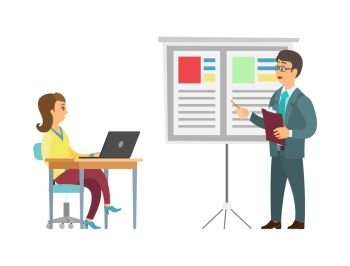 Business meeting of employee and employer vector. Whiteboard with data and text, explanation of plan on board. Woman sitting by laptop listening to man. Boss Giving Presentation Employee Woman by Table