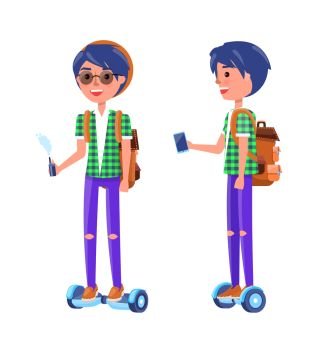 Students with gyroscooter and smoking vape in hands. Boy riding hoverboard and smiling, male wearing glasses and thorn trousers, teenagers vector. Students with Gyroscooter and Vape Boy Vector