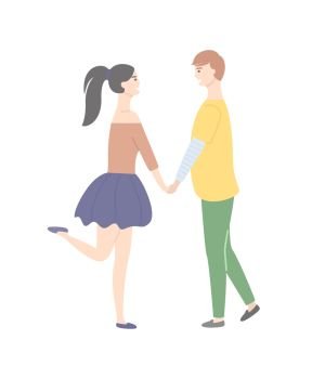 Dating teenagers, girl in short skirt standing on one leg, boy in yellow sweater and trousers isolated people. Vector cartoon students in love, male and female. Dating Teenage Woman in Short Skirt and Man Vector