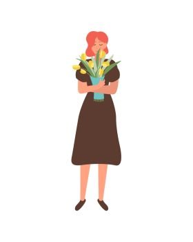 Woman in dress with bouquet of yellow tulips isolated cartoon character. Vector female celebrating 8 March or birthday party, elegant lady with flowers. Woman in Dress with Bouquet of Yellow Tulips