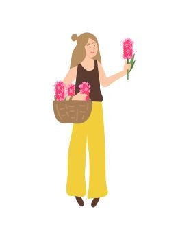 Girl happy to receive flowers on international holiday vector, isolated woman holding hyacinth in hands. Romantic gift on womens day floral present. Woman Holding Hyacinth Flowers in Woven Basket
