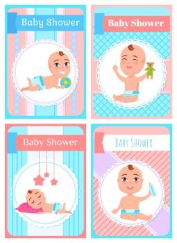 Baby shower postcard in striped, child lying or sitting in diaper holding bottle or toy, smiling kid portrait view, papercard with newborn character vector. Smiling Newborn Character, Baby Shower Card Vector