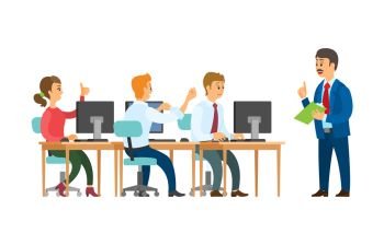 Teamwork, boss and employees, giving orders and working with computers vector. Man with notepad and clerks making annual report, isolated characters. Boss Giving Order to Employees Work at Computers