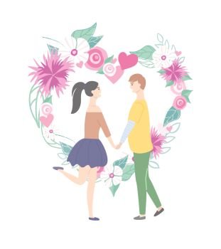 Man and woman holding each other hands, side view of smiling people, happy couple standing near hearts with flowers, romantic day, love card vector. Happy Couple and Heart with Flowers, Love Vector