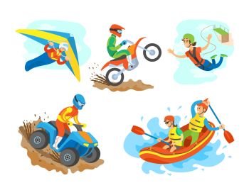 Extreme sports set vector, man riding a quad bike male on motorcycle. Woman bungee jumping, hang gliding person and water rafting hobby summer hobby. Quad Biking Hobby of Man, Motorbike Bungee Jumping