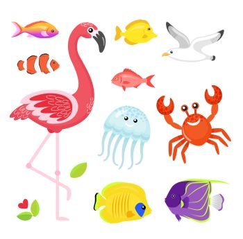 Fish different types set vector, flamingo pink bird with jellyfish. Crab and seagull, flower and flora foliage of exotic area. Jellyfish and crayfish. Flamingo and Jellyfish, Seagull and Crab Animals