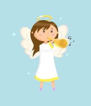 Trumpeter on holiday vector, child girl angel with wings and halo holding trumpet and playing musical instrument. Character waking melodies and songs. Angel with Trumpet, Angelic Girl with Wings Halo