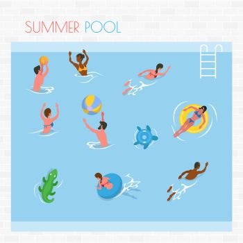 Summer pool, people splashing in water, man and woman swimming and playing with ball. Sunbathing female on rubber circle, aqua relax or leisure vector. People Swimming and Playing in Pool, Summer Vector