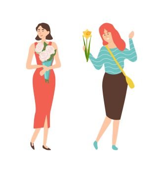Elegant women with spring flower bouquets celebrate 8 March holiday. Vector female people with blooming gifts, gorgeous bunches flat style illustration. Elegant Women, Flower Bouquets Celebrate 8 March