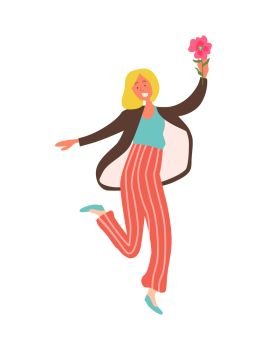 Dancing woman with pink flower isolated blonde girl. Vector female character in cartoon style, smiling lady with blooming plant, 8 March or Valentines day party. Dancing Woman with Pink Flower Isolated Blond Girl