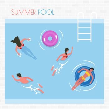 Summer pool people on vacation vector, summertime relaxation. Water woman and man, female laying on inflatable lifebuoy saving ring, ladder on poolside. Summer Pool People Swimming and Laying on Lifebuoy