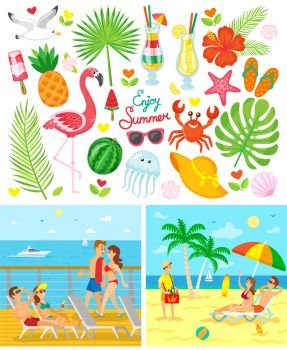 Enjoy summer paper card decorated by fish and beach wear isolated on white. Summertime holidays. Couples on cruise liner or lying on sand, summer business near sea, leisure vector. Couple on Beach and Ship, Enjoy Summer Vector