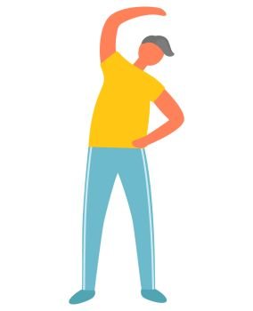 Man bending over, morning exercise and fitness vector. Sport and physical activity, healthy lifestyle and workout, isolated male character in sportswear. Morning Exercise and Fitness, Man Bending Over