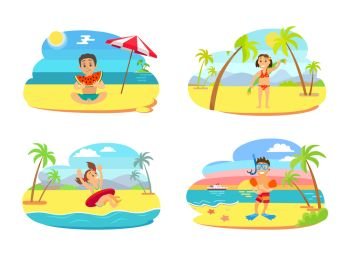 Summertime vector, kids on beach spending vacations. Summer holidays by seaside, child with lifebuoy, girl with towel and boy eating watermelon diving male. Kids on Vacation , Children on Beach Summertime