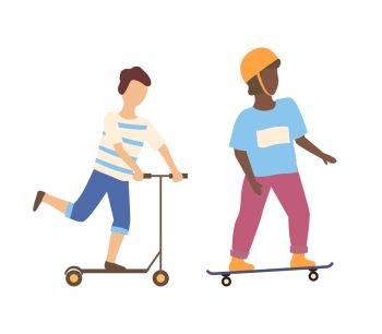 Boy balancing on scooter and skateboarder in helmet isolated cartoon characters. Vector teenage kids having fun, summer sport activities, skateboarding. Boy Balancing on Scooter, Skateboarder in Helmet