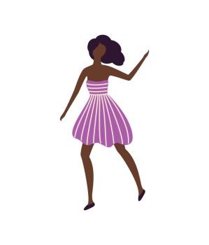 Black skin girl dancer in good mood having fun on party. Vector afro-american woman in sexy stripped dress dancing on dance floor isolated cartoon character. Black Skin Girl Dancer in Good mood Having Fun