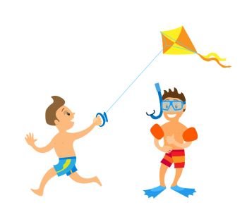 Children having fun at beach vector, boy running with kite and watching on paper object. Kiddo wearing special equipment for snorkelling and diving. Kids on Beach, Vacation of Children Boys Isolated